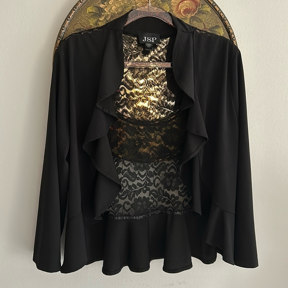 JSP Black Lace-Back Ruffle Blazer